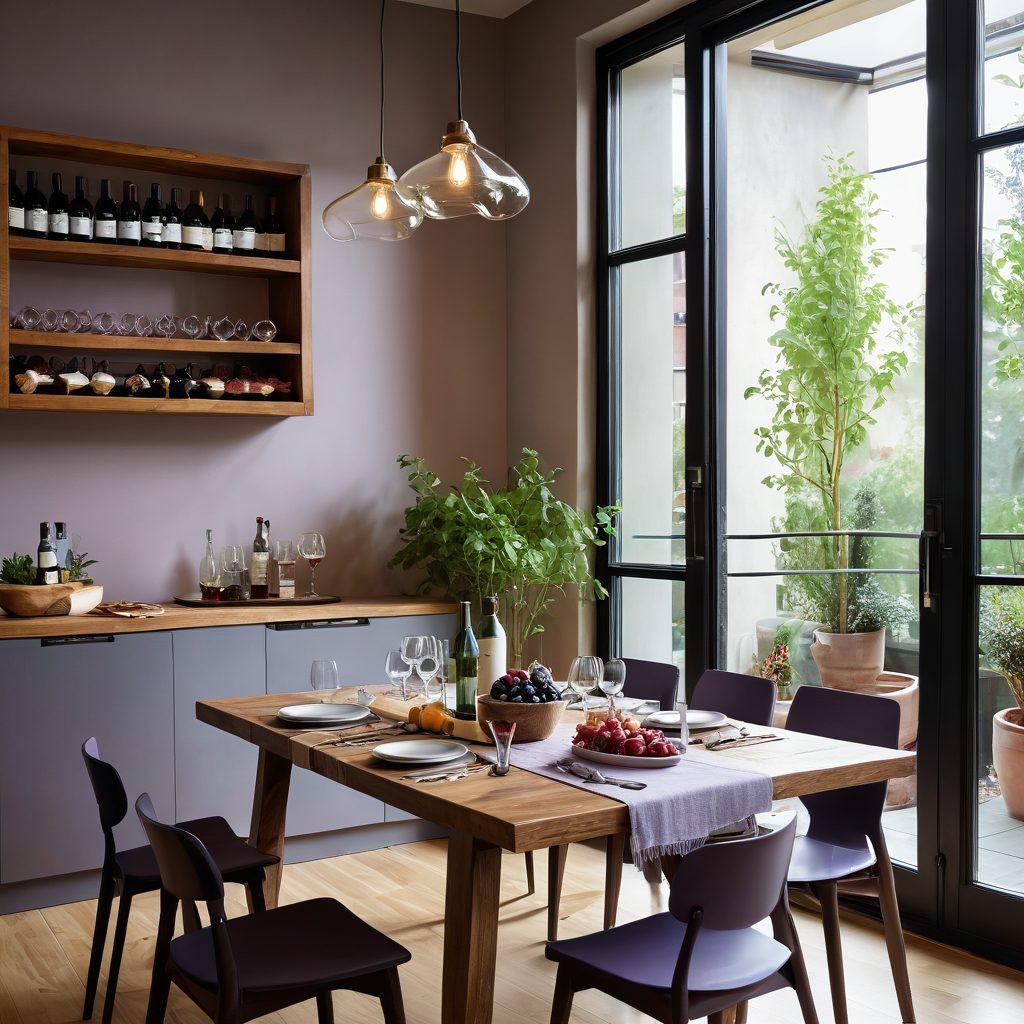 A cozy modern apartment with a stylish wooden dining table set for wine tasting, featuring various wine bottles and glasses. A window with natural light streaming in showcases a small urban garden. Pair dishes of cheeses, fruits, and charcuterie are artfully arranged. Soft accents of lavender and greenery enhance the inviting atmosphere. super-realistic. vibrant colors. warm lighting.
