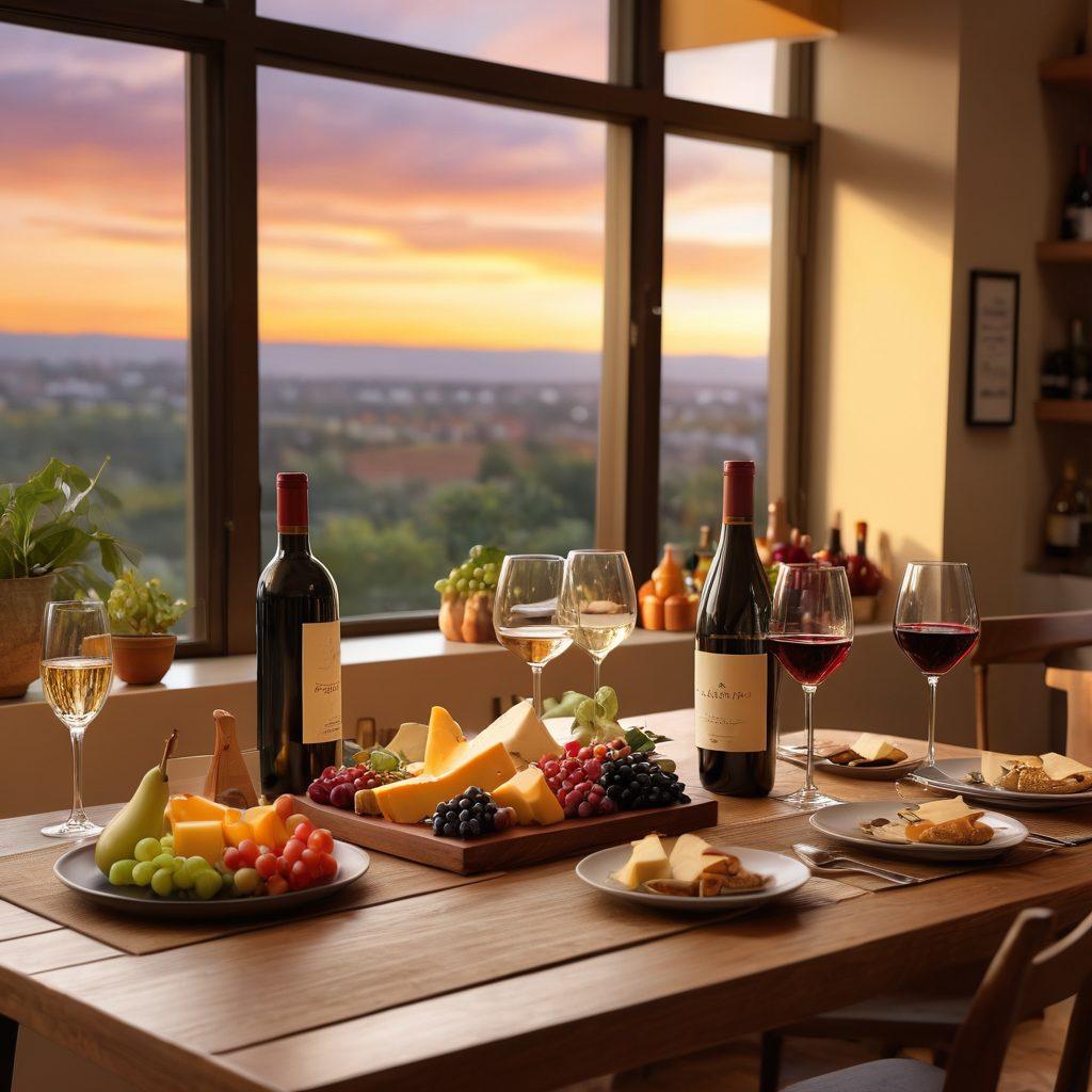 A cozy apartment dining scene with a beautifully set table featuring various wine bottles, elegant glasses, and delectable food pairings like cheese, fruits, and gourmet dishes. Soft ambient lighting casts a warm glow, highlighting a stylish wine rack in the background. A window reveals a beautiful sunset, enhancing the intimate atmosphere. elegant and cozy. vibrant colors. super-realistic.