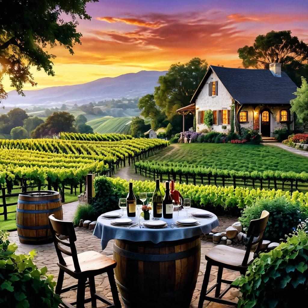 A scenic landscape showcasing iconic wine regions with rolling vineyards under a sunset sky, featuring a cozy rental cottage adorned with grapevines, and a wine tasting table set up outside. Highlight the essence of comfort and sophistication in the atmosphere. Elements of lush greenery and wooden barrels should be included, creating an inviting ambiance. super-realistic. vibrant colors. rustic charm.